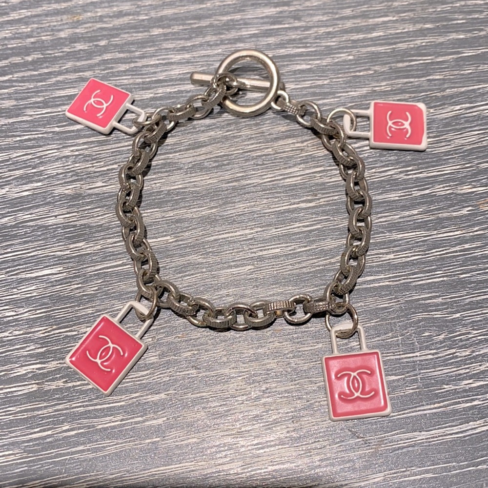 Vintage silver link toggle bracelet with CC charms